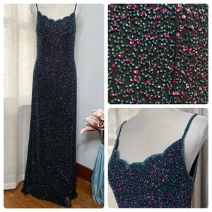 Y2K Vintage Adrianna Papell Silk Dress Beads‎ Sequins Black Pink Blue Size 10